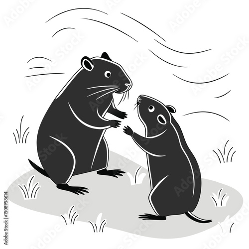 Cartoon vector illustration of two cute beavers interacting in nature