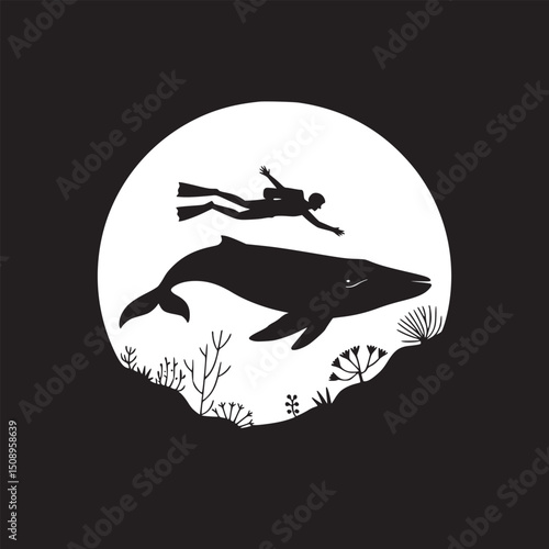 A silhouette of a whale and a diver in a white circle against a black background with plants below them