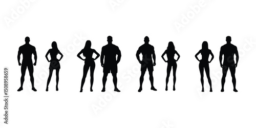Silhouetted set of muscular men and women in standing workout poses, Male and female fitness silhouettes showing strength, shape, and gym confidence.
