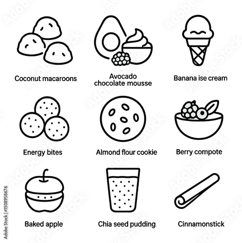 Paleo Dessert Icons. Outline icon set of paleo desserts alternatives: coconut macaroons, avocado chocolate mousse, banana ice
