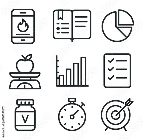 Paleo Nutrition Icons. Outline icon set of paleo nutrition tracking: calorie counter app, food diary notebook, macro pie chart,