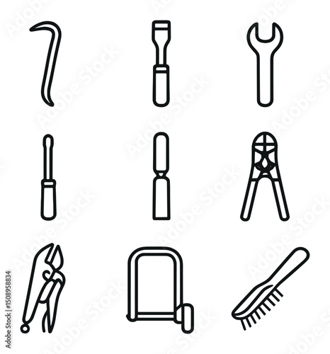 Iron Tools Icons. Outline icon set of iron tools in workshop: crowbar, chisel, wrench, screwdriver, file, bolt cutter, vice grip,