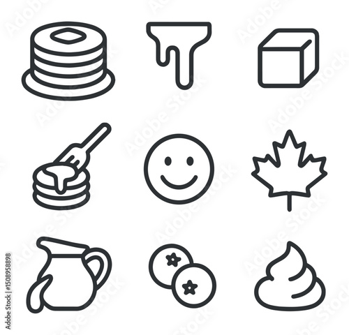 Pancake Breakfast Icons. Outline icon set of pancake breakfast bliss: pancake stack, syrup drizzle, butter pat, fork spearing,