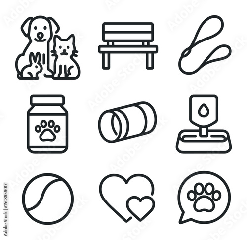 Pet Socialization Icons. Outline icon set of pet socialization activities: group of pets, park bench, leash, treat jar, play