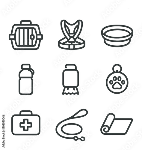 Pet Travel Essentials Icons. Outline icon set of pet travel accessories: travel crate, seat belt harness, portable bowl, water