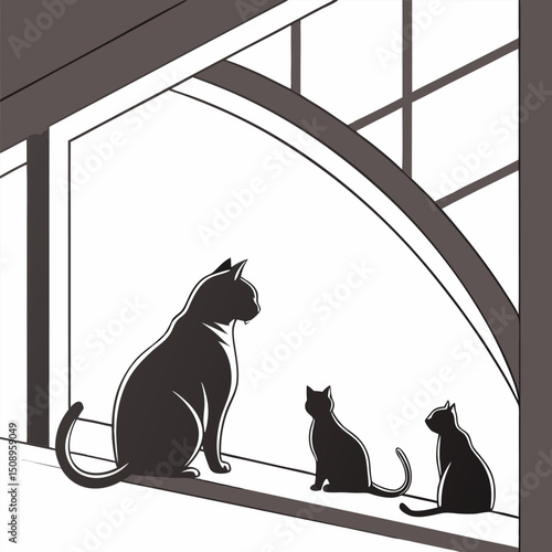 Cat family silhouettes sitting on window sill minimalist vector illustration