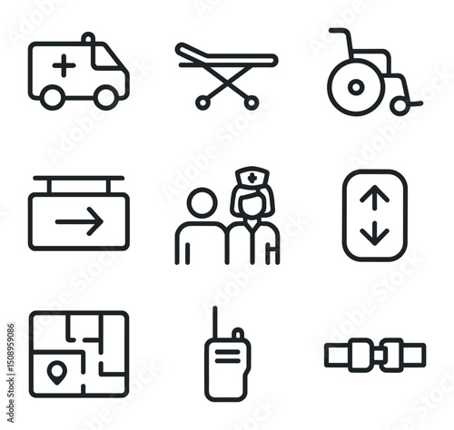 Patient Transport Icons. Outline icon set of patient transport services: ambulance van, stretcher trolley, wheelchair, escort