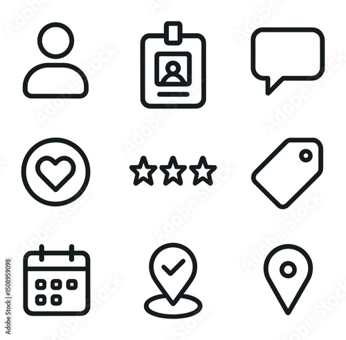 Participant Profile Icons. Outline icon set of participant profiles: user avatar, name badge, bio sheet, speech bubble, favorite