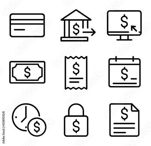 Payment Icons Set. Outline icon set of fee and payment options: credit card, bank transfer, online portal, cash payment, receipt