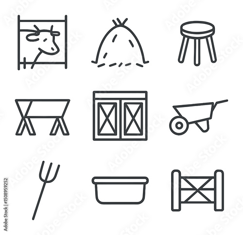 Rural Farm Icons. Outline icon set of rural farm life: cow in stall, haystack, milking stool,
