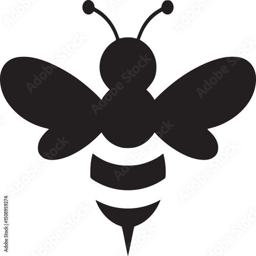 A simple black and white graphic illustration of a bee with wings and striped abdomen design