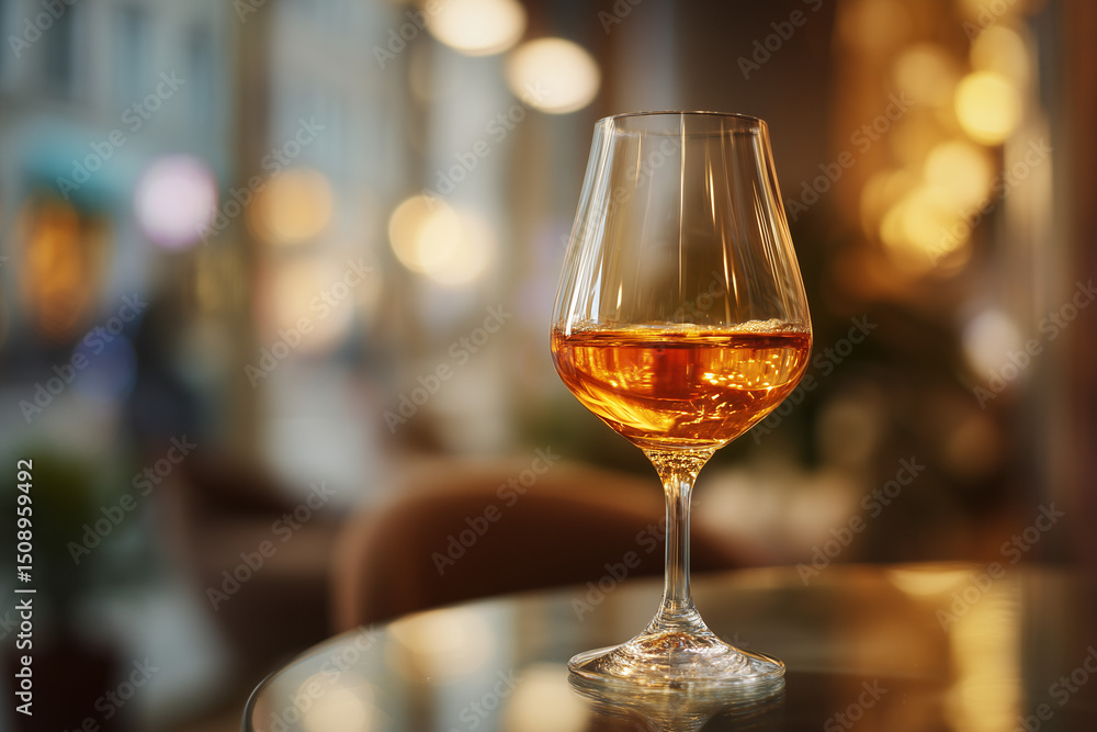 Obraz premium Elegant photo of a crystal wine glass filled with orange wine, placed on a sleek glass table. The background features a softly blurred upscale restaurant interior with warm ambient lighting and stylis