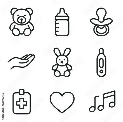 Pediatric Nursing Icons. Outline icon set of pediatric compassionate nursing: teddy bear, baby bottle, pacifier, gentle hand, soft
