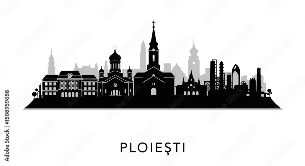 Naklejka premium Ploiesti Skyline with Romania, Cityscape, and Black Silhouette.