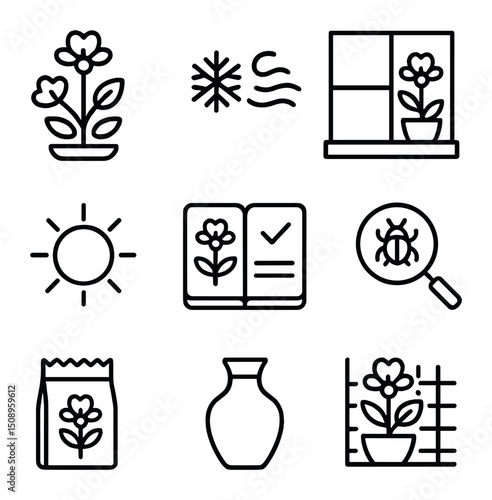 Seasonal Plant Care Icons. Outline icon set of seasonal care for flowering houseplants: flower in