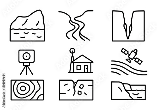 Geographic icons depicting erosion, map features, and satellite technology