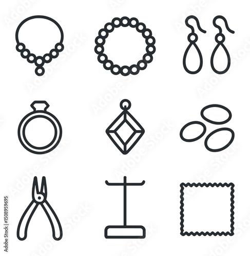 Jewelry Craft Icons. Outline icon set of handmade jewelry crafts: necklace, bracelet, earrings, ring, pendant, beads, pliers,
