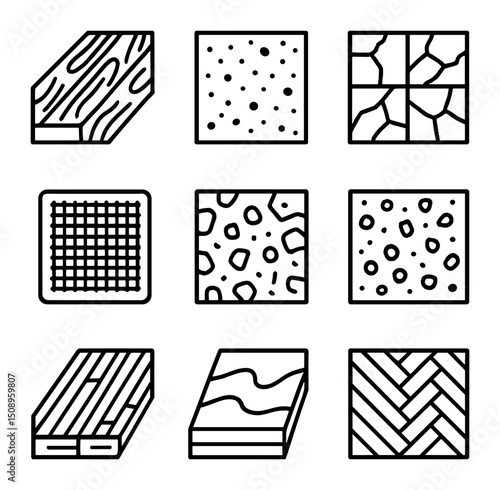 Penthouse Flooring Icons. Outline icon set of penthouse flooring options: hardwood plank, polished concrete, marble tile, sisal