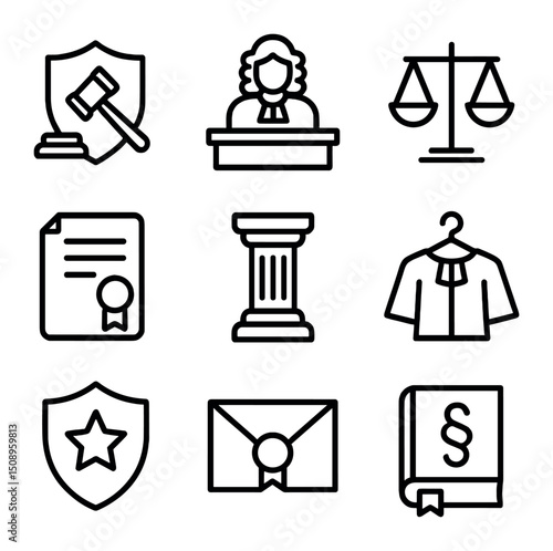 Judicial Icon Set. Outline icon set of judicial independence: gavel and shield, judge’s bench, impartial scales, tenure