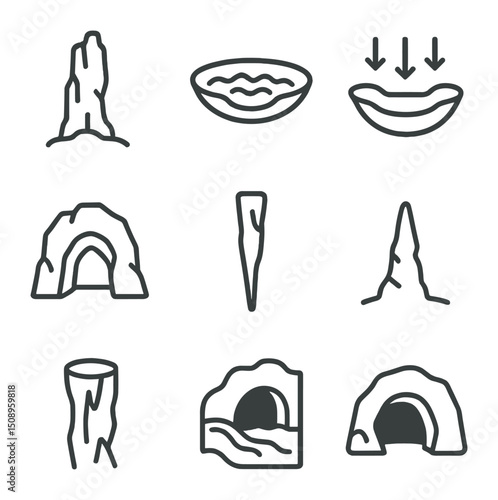 Karst Landscape Icons. Outline icon set of karst landscapes: limestone tower, sinkhole, doline depression, cave entrance,