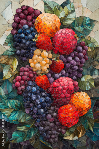Wallpaper Mural Vibrant stained glass depiction of fresh fruit, showcasing grapes, strawberries, and oranges in colorful arrangement Torontodigital.ca
