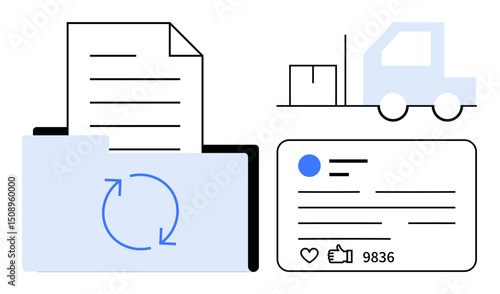 File folder with sync arrow, document, social media engagement card, and truck with package. Ideal for data sharing, content management, logistics, e-commerce, automation social media metrics