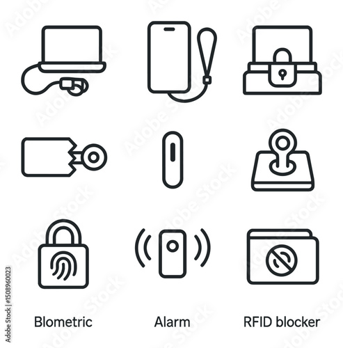 Physical Device Security Icons. Outline icon set of physical device security: laptop cable lock, smartphone wrist strap, secure