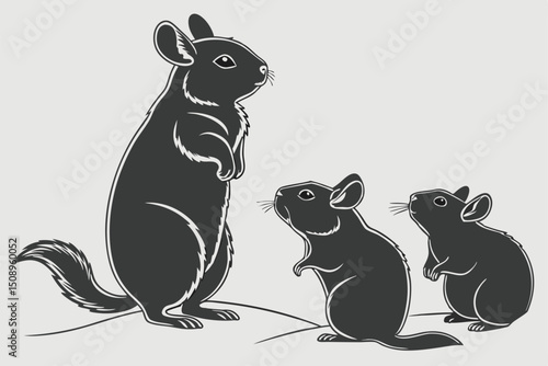 Chinchilla family illustration mother and two babies isolated on background