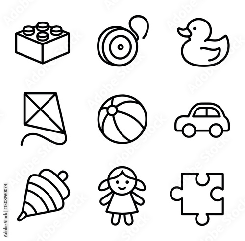 Kids' Toys Icons. Outline icon set of kids’ toys: building block, yo-yo, rubber duck, kite, bouncy ball, toy car, spinning top,