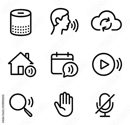 Smart Assistant Icon Set. Outline icon set of smart assistant features: smart speaker, user voice