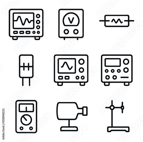 Physics Lab Icons. Outline icon set of physics lab apparatus: oscilloscope, voltmeter, resistor, capacitor, function generator,