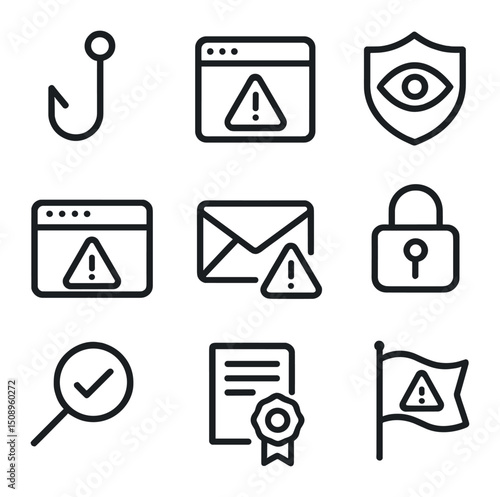 Phishing Detection Icons. Outline icon set of phishing detection & safe browsing: phishing hook, fake website alert, shield with