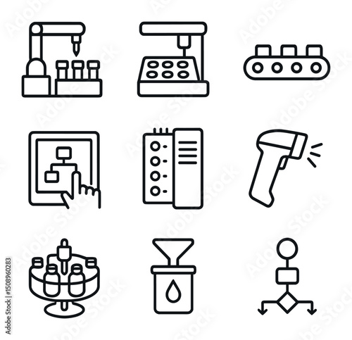 Lab Automation Icons. Outline icon set of lab automation systems: robotic liquid handler, autosampler tray, conveyor belt,