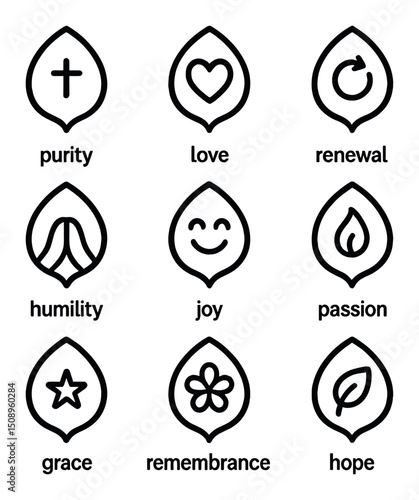 Petal Symbolism Icons. Outline icon set of petal symbolism meanings: purity petal, love petal, renewal petal, humility petal, joy