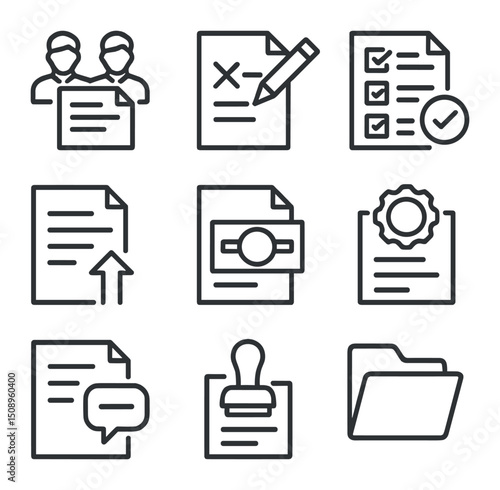 Plan Review Icons. Outline icon set of plan review process: peer review, redline markup, compliance checklist, revision request,
