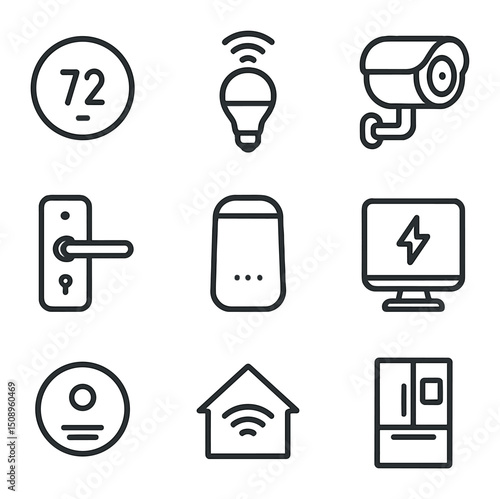 Smart Home Icons. Outline vector icons of smart home devices and features: smart thermostat,