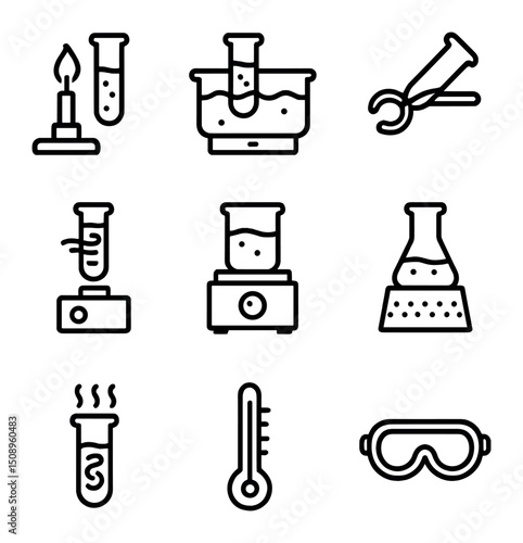 Laboratory Tools Icons. Outline icon set of heating and mixing in test tubes: Bunsen burner, water bath, test tube clamp, vortex