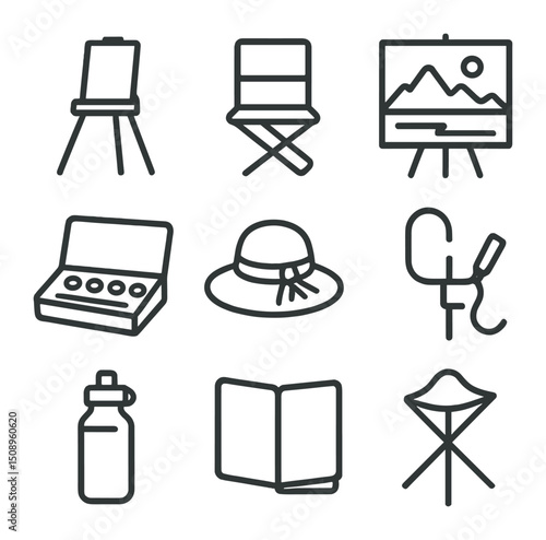 Plein Air Icon Set. Outline icon set of plein air group painting: portable easel, folding chair, landscape canvas, paint box, sun