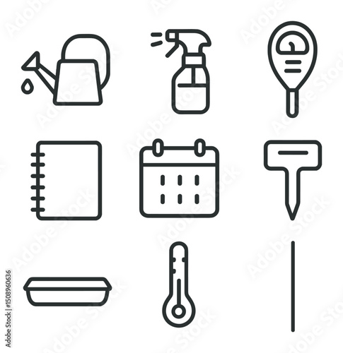 Plant Care Icons. Outline icon set of monitoring and care: watering can, spray bottle, moisture meter, thermometer, notebook,