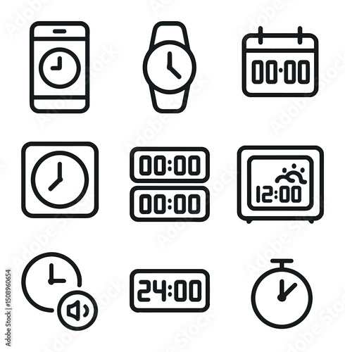 Smart Timekeeping Icons. Outline icon set of smart timekeeping devices: smartphone clock app,