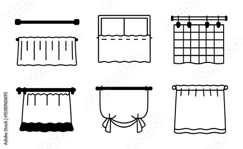 Minimalist curtain rod and drapery icon set for interior design projects