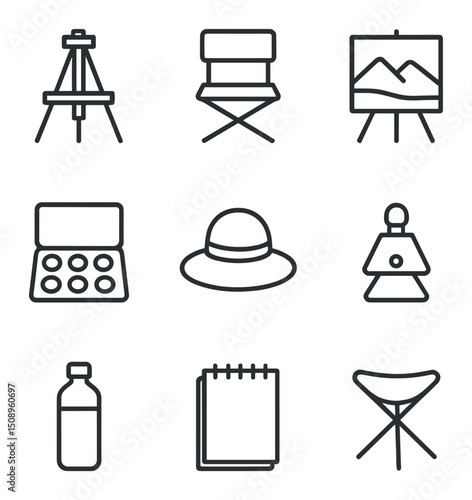 Plein Air Icon Set. Outline icon set of plein air group painting: portable easel, folding chair, landscape canvas, paint box, sun