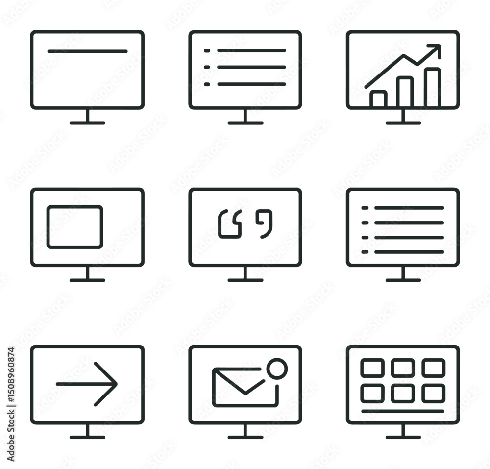 Presentation Icons Set. Outline icon set of presentation slide mockups: title slide, bullet list slide, chart slide, image slide, Presentation Icons Set. Outline icon set of presentation slide mockups: title slide, bullet list slide, chart slide, image slide,