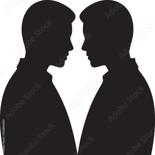 Two silhouetted men facing each other in a symmetrical composition against a plain white background