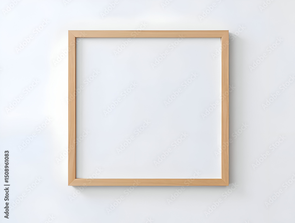 Minimal wooden picture poster frame mockup on white wallpaper Minimal wooden picture poster frame mockup on white wallpaper