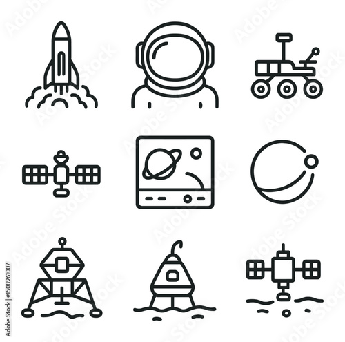 Space Exploration Icons. Outline icon set of space exploration and missions to other planets: rocket