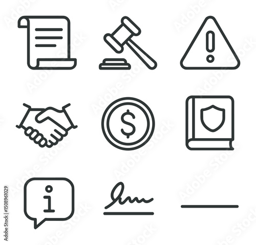 Legal Icons Set. Outline icon set of terms and conditions: contract scroll, judge gavel, warning triangle, calendar reminder,