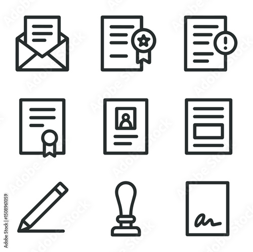 Legal Document Icons. Outline icon set of legal documents and motions: motion filing envelope, subpoena, summons, plea agreement,
