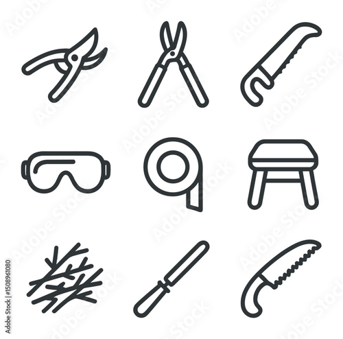 Pruning Tools Icons. Outline icon set of pruning shrubs and perennials: bypass pruner, lopping shears, hand saw, pruning saw,