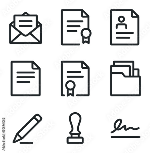 Legal Document Icons. Outline icon set of legal documents and motions: motion filing envelope, subpoena, summons, plea agreement,